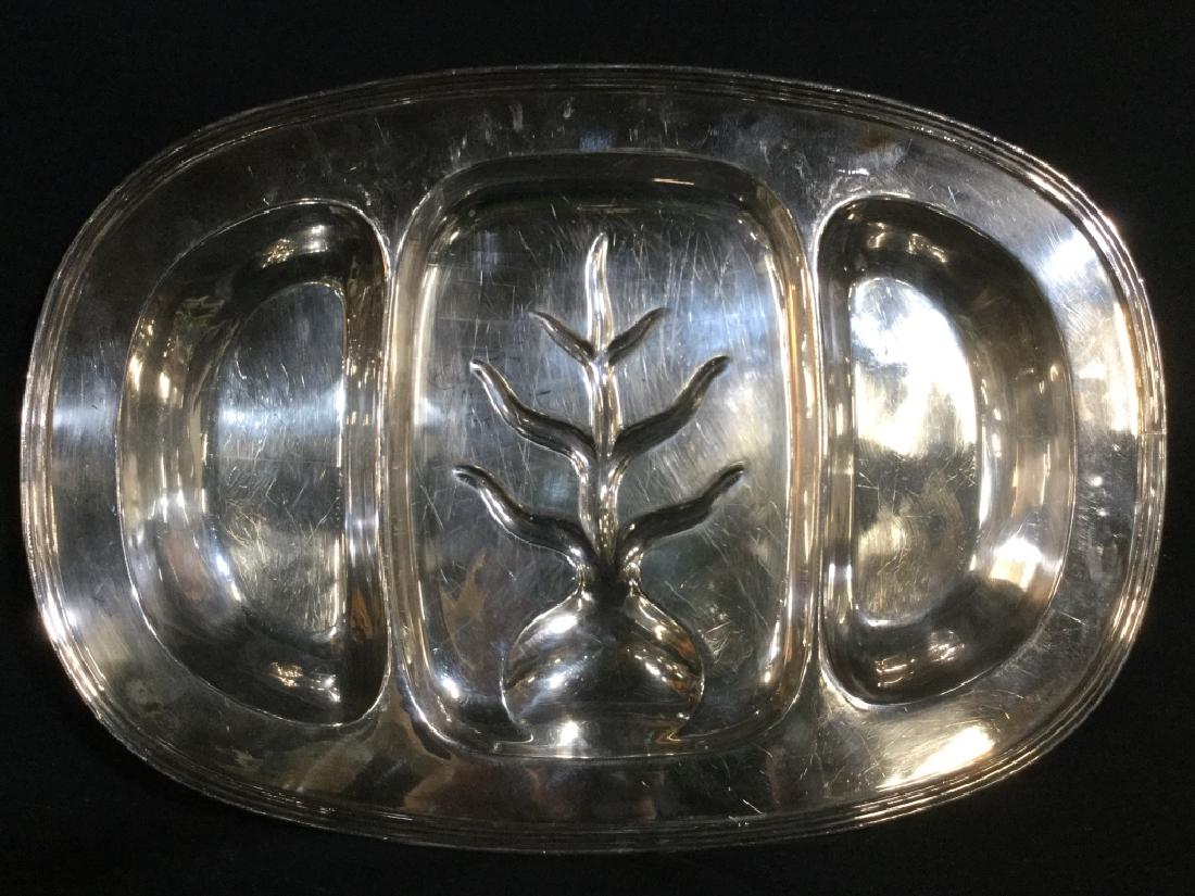 REED & BARTON Silver Toned Metal Serving Tray: Underside of piece is marked REED & BARTON. Piece measures approx 20 inches long 13 inches deep, 2 inches tall. Meat / fish tray, serving dish, serving platter, tableware, tabletop accessory 6.