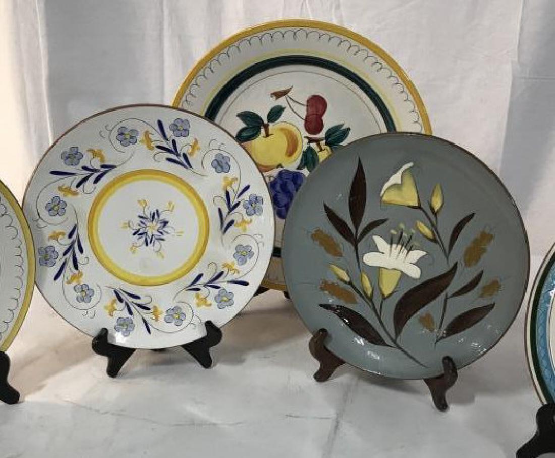 Lot of STENGL Vintage Hand Painted Pottery: All Dinnerware Stamped Underneath. 4 Mix Match Dinner Plates. Designs are Provincial, Garland, Golden Harvest, County Garden. Dinner Plates almost 10 in. diameter. 4 Dessert/Coffee Plates. Design is a