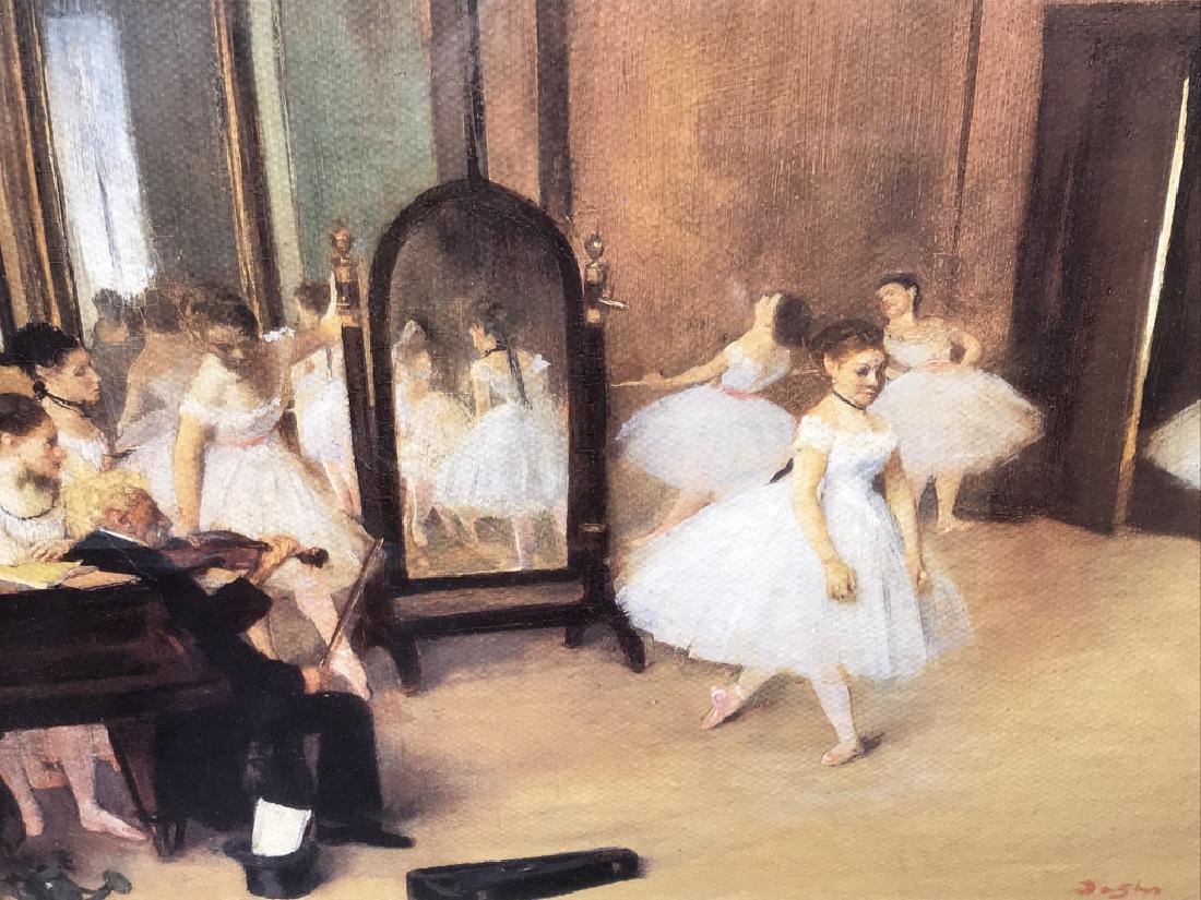 Framed Degas Print on Canvas: Print is of Edgar Degas’ ‘The Dancing Class.’ Canvas is double matted and set behind glass in mottled gold and green tone wood frame. Measures approx 20.75 inches in height by 24.5 inches in wid