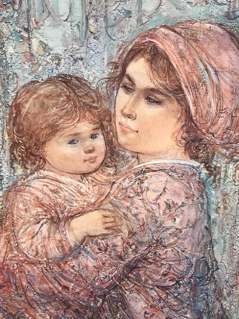 Framed Edna Hibel Print Of Mother & Child: Print is lined and set behind glass in gold tone wood frame. Measures approx 31 inches in height by 24 inches in width with frame. Bottom of frame has surface wear, might need restoration. Decorative 