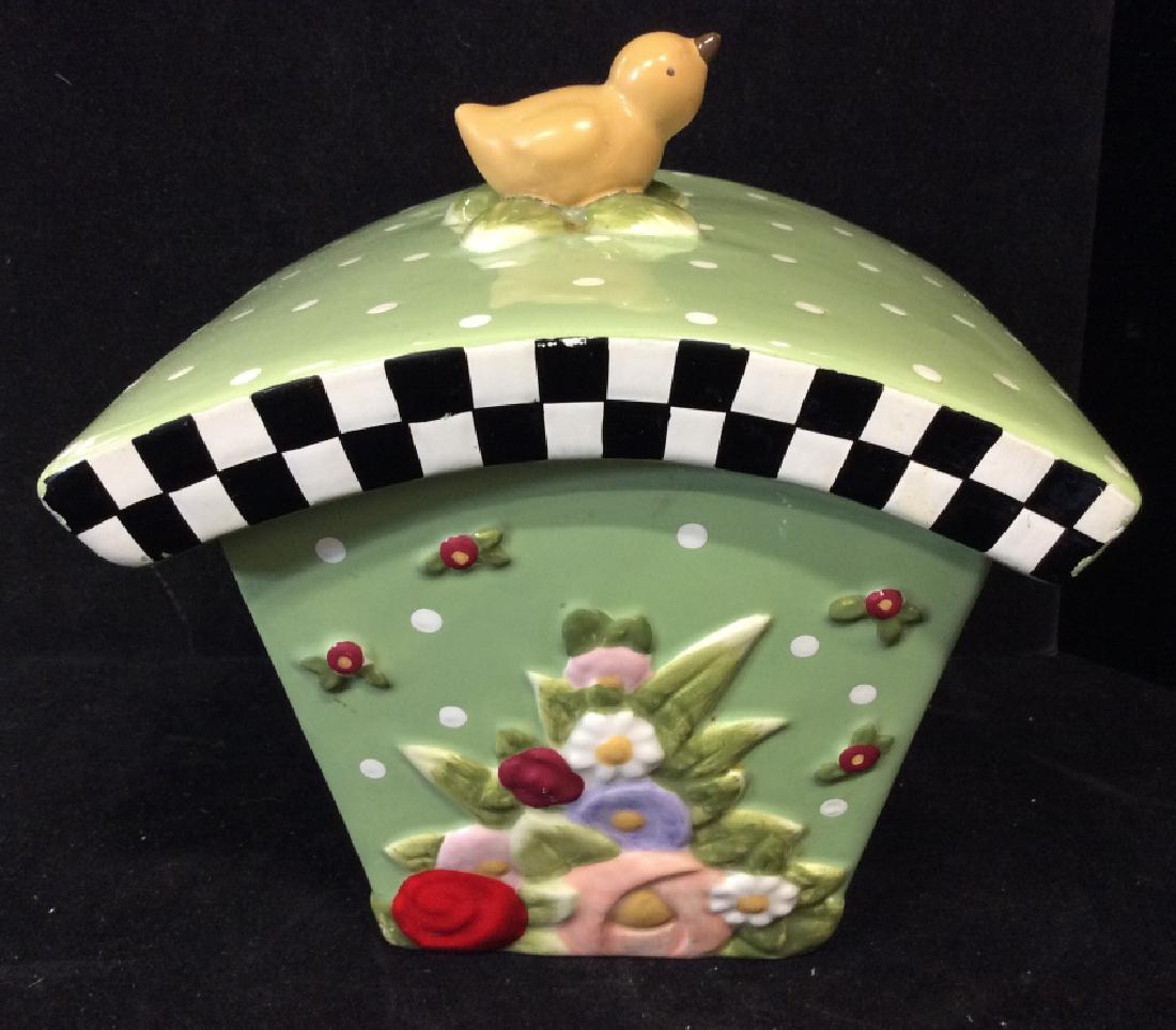 MARY ENGELBREIT INK Lidded Porcelain Box: Designed by Charpénte, porcelain lidded box, kitchen accessory kitchen storage, tableware, countertop accessory Mint Green Toned Porcelain with black and white checkerboard trim detail, dimensional f