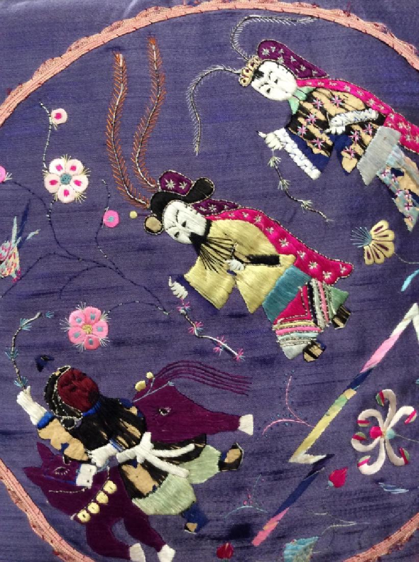 Asian Embroidered Toss Pillow: Measures approx 12 in by 12 in. Purple front panel and black back panel, Embroidered thread design man on horse with two standing men in robes, with added floral details. Throw pillow, toss pillow, ho