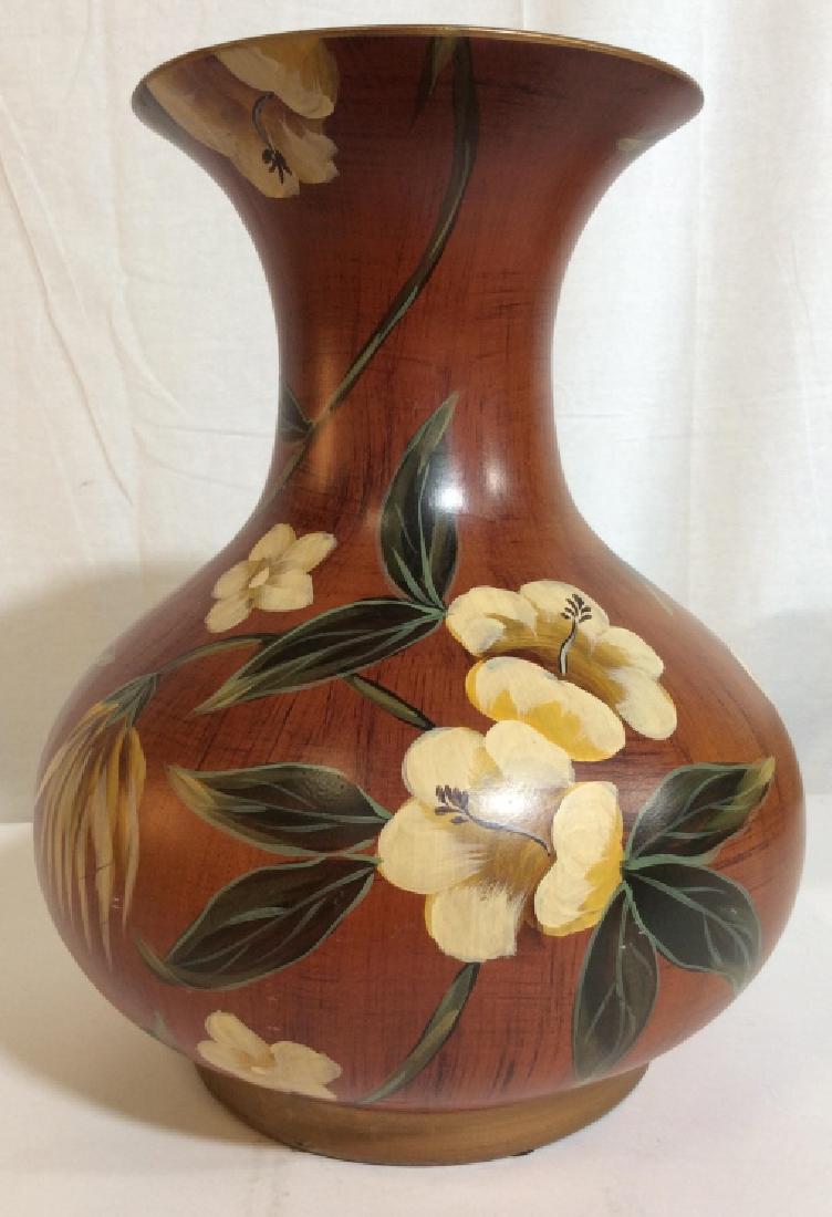 Floral Metal Vase: Rust toned body, black toned interior rim, painterly floral design, measures approx 13 in tall by 9 in at widest point, 7 in rim. Some surface wear and imperfections, Vase, vessel, tableware, decorati