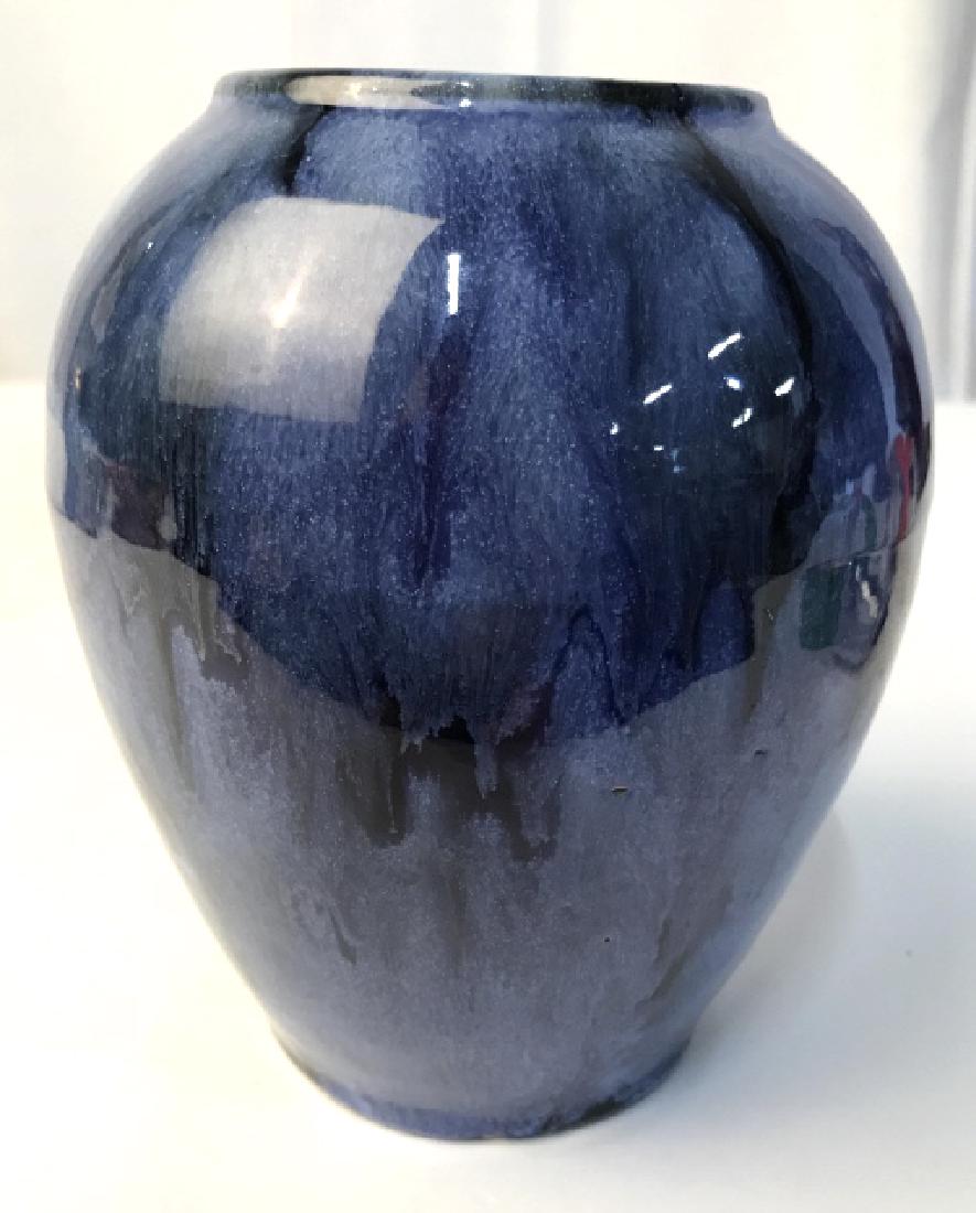 Blue Glazed Ceramic Vase: Measures ht app 7 inches diameter app 6 inches, ceramics, pottery, vase vessel, tableware, minor chips at base
