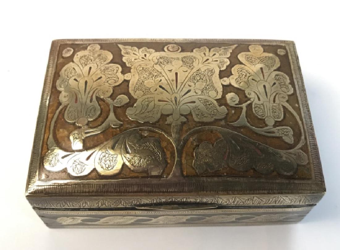 Middle Eastern MAMLUK Brass Box: Intricate design in relief, trinket box, decorative accessory, measures app 3 inches ht top app 5.5 inches by 3.5 inches