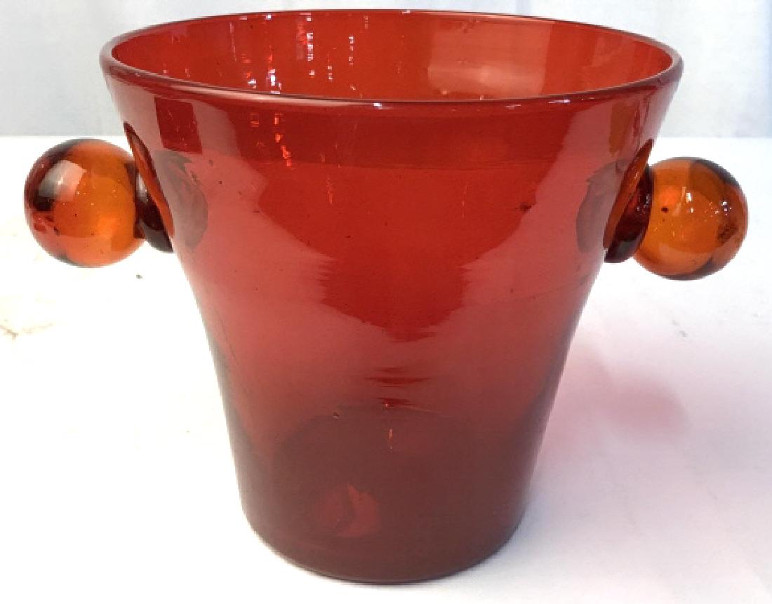 Vntg FENTON Art Glass Vase Bucket: Ice bucket, wine bucket, vase,Vessel, decorative accessory, tableware, vivid red orange orb handled vase. Has crack, collectible Fenton vintage glass, measures ht 7 inches, handle to handle width 11 i