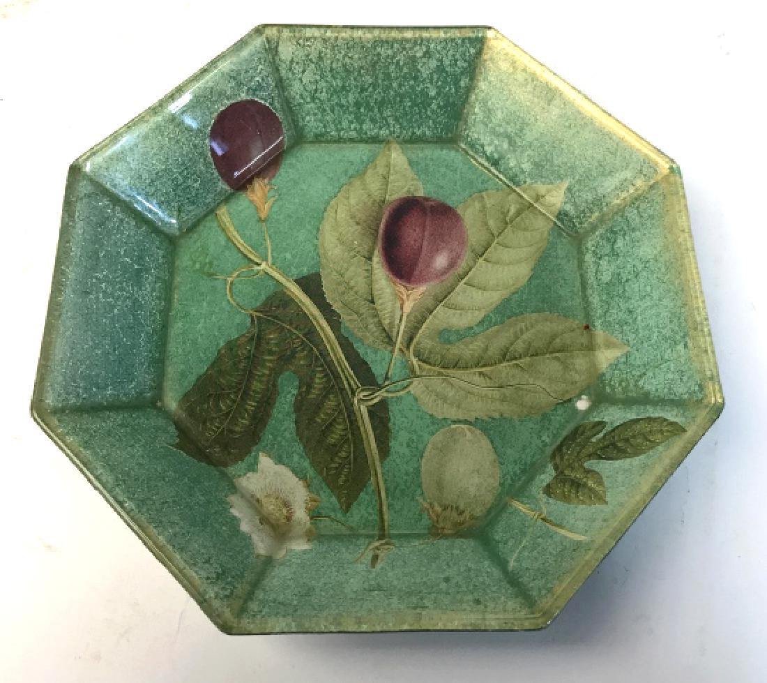 Green Cherry Decoupage Plate: Tableware, platter, decorative accessory, arts and crafts, shelf piece, measures diameter app 7.5 inches