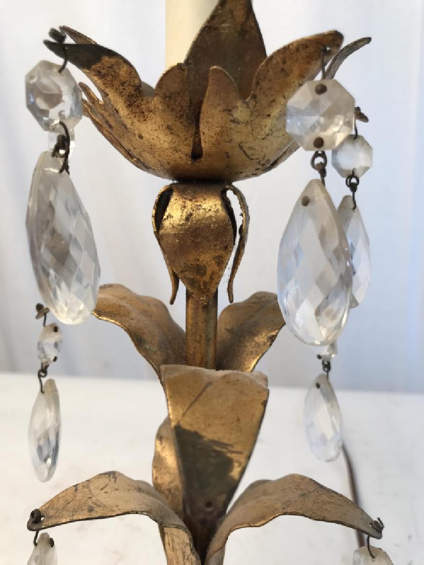 Pair Vntg Gold Leafed Metal Lamp: Tall stemmed floral shaped metal and applied gold leafing, vintage lamps with drum shade, measures ht app 26 inches, some wear to leafing, crystal drops and marble base. Home lighting home accessory, 