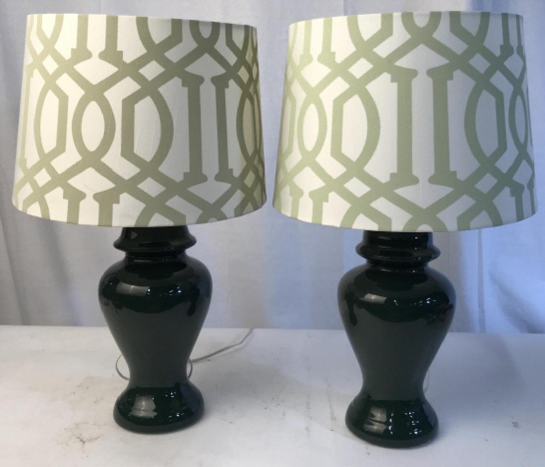 Pair Green Ginger Jar Ceramic Lamps: Green porcelain ceramic lamps both w coordinating geometric bright green shades, each measures ht app 22 inches, table lamps home accent, home furnishings