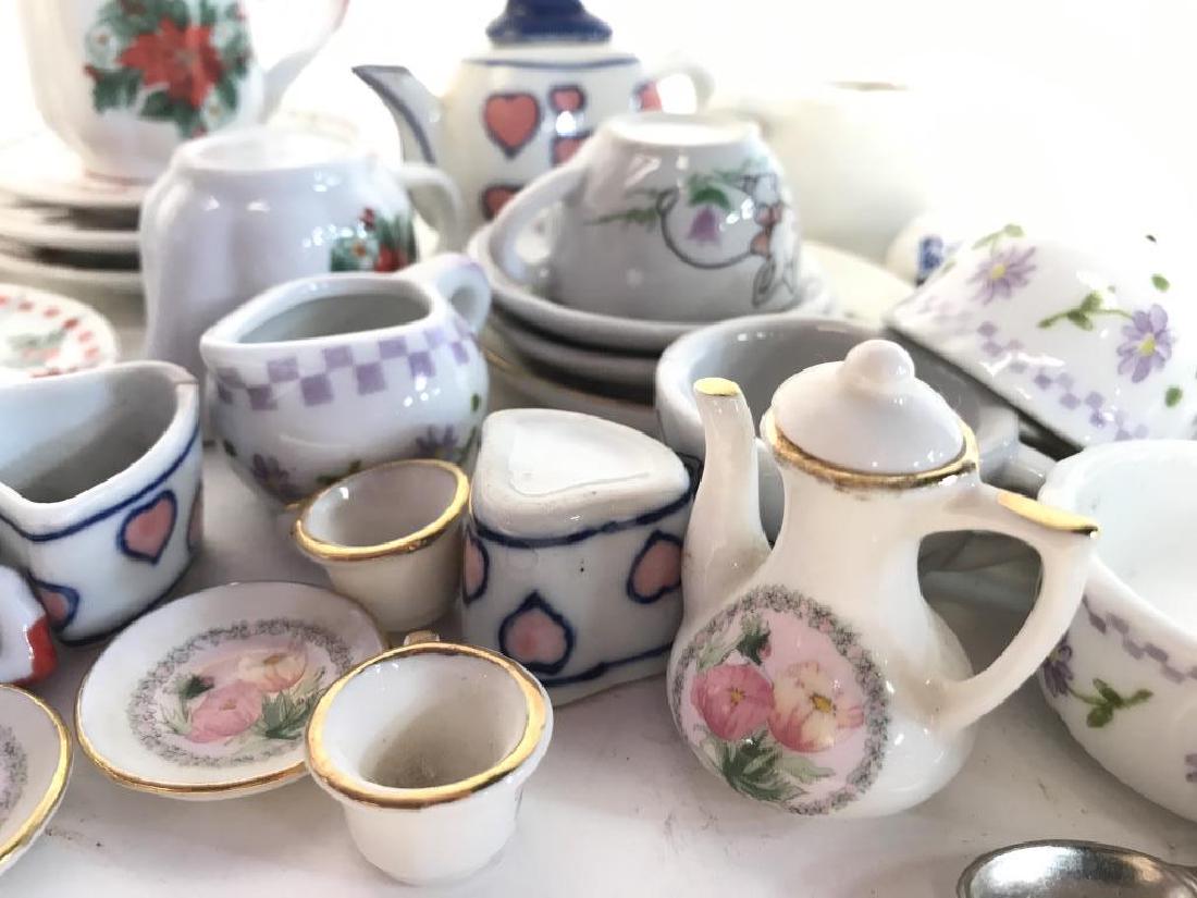 Group Doll and Doll House Tea Sets Plates: Tea time, porcelain miniature partial tea sets, plates, silverware, tea service for dolls or doll house, tallest tea pot measures app 3 inches