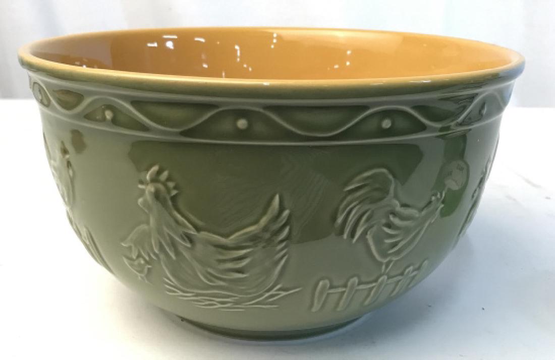 Glazed Chicken Rooster Ceramic Bowl: Raised barn yard designs, green exterior gold yellow inside, centerpiece bowl, country French decorative accessory, measures ht app 6 inches, diameter app 10 inches