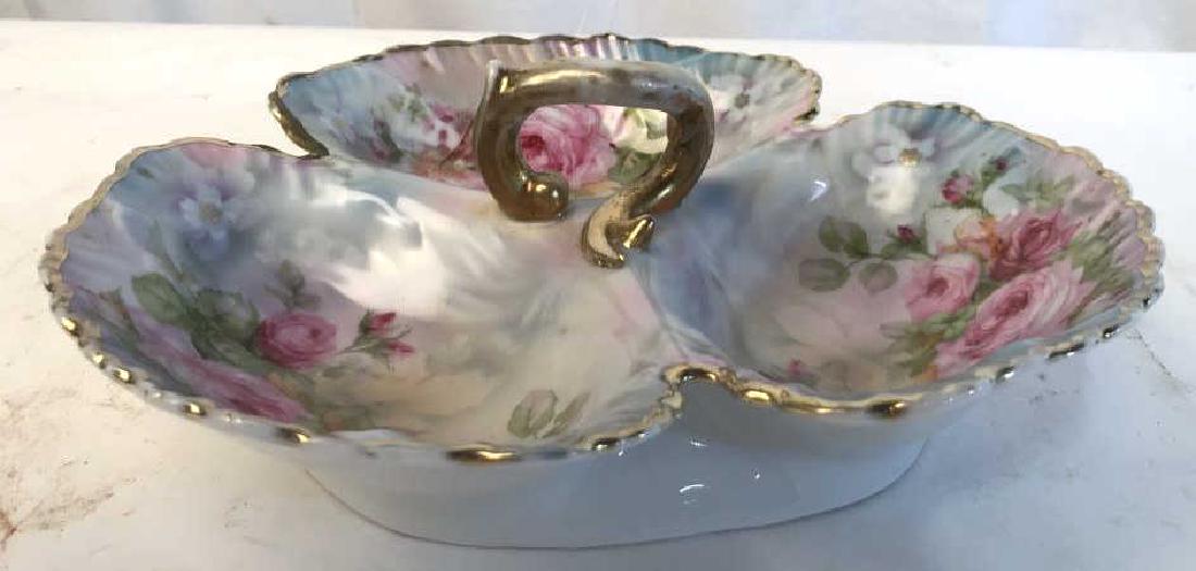 Vintage Painted Porcelain Serving Platter: Sectioned and handled pink roses w gold accents, porcelain tableware, measures ht app 5 inches diameter app 11 inches, repair noticeable on underside. Serving platter, tableware, tabletop accessories,