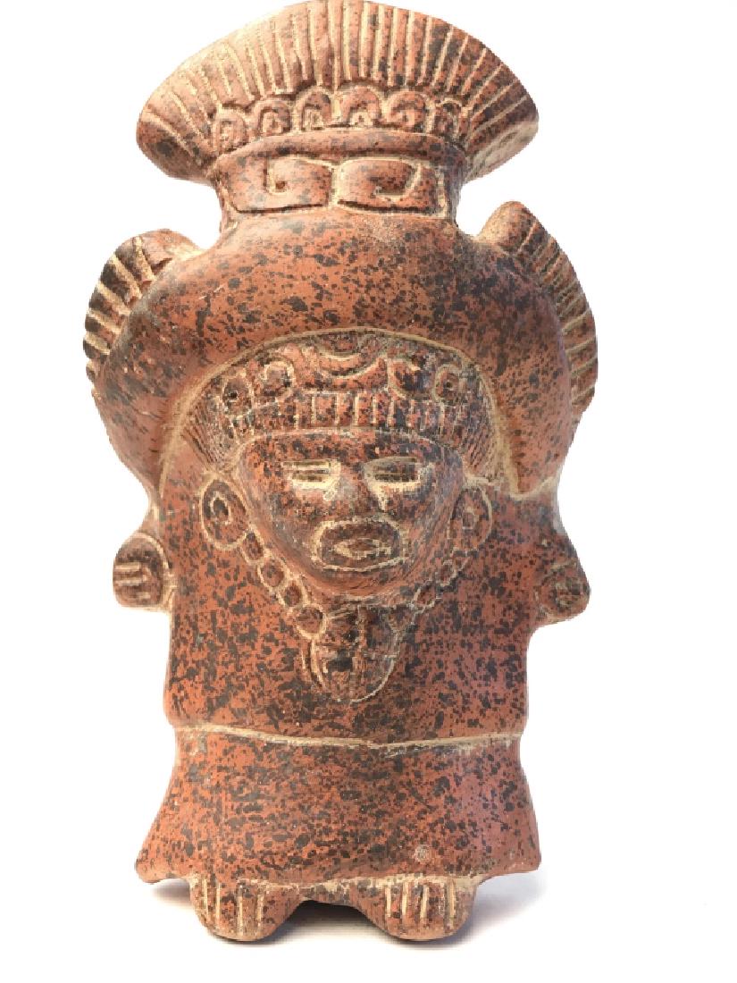 Peruvian Pottery Figural: Red toned clay ceramic figural Incan or Peruvian ceremonial figure, ht app 6.5 inches width app 4.5 inches, property of Greenwich Estate tableware, shelf piece, decorative arts and accessories