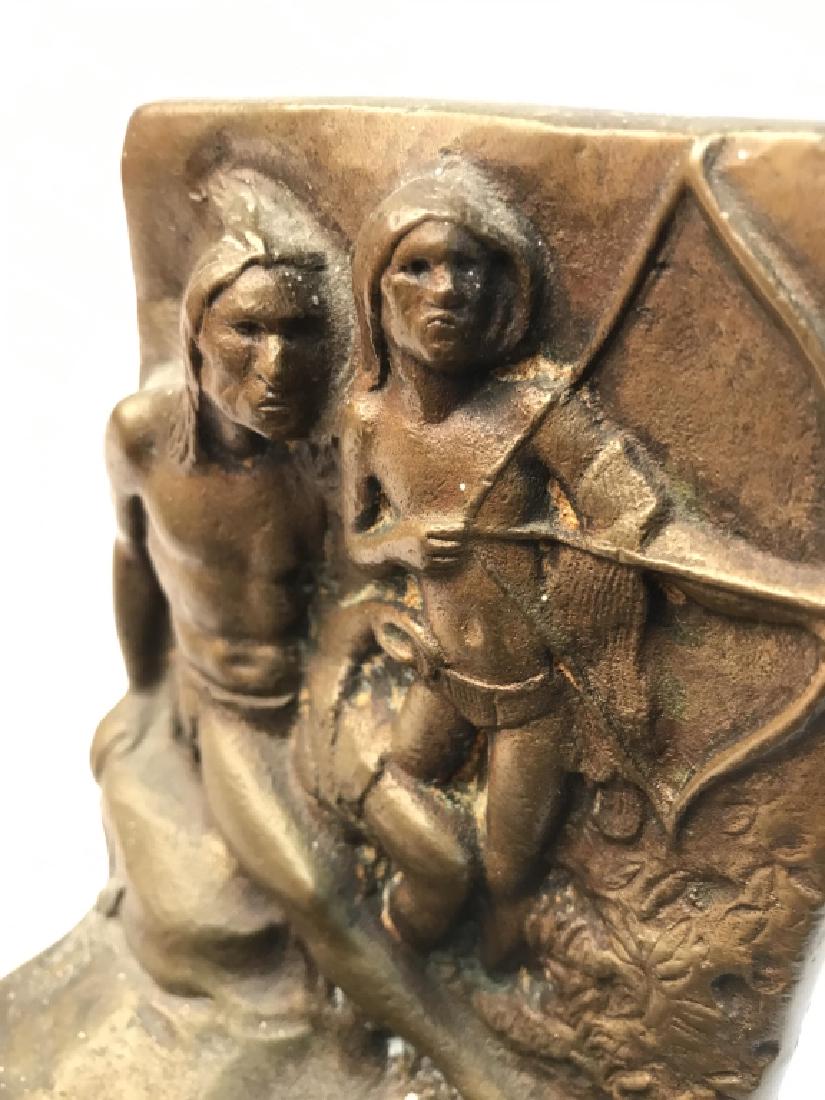 Bronze Native American Book End: Bronze plaque relief of Native American hunter and boy, measures ht 6 inches, width 4.5 inches depth 3 inches bookend, decor piece, home accent home, mantle piece decor