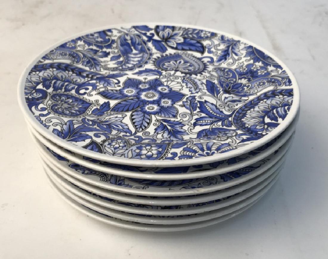 Set 7 French Porcelain Plates: Hours d'oeuvres plates, small plates, marked for France, each measures diameter 6 inches Each w Different Pattern Each trademarked with B, French tableware, place settings