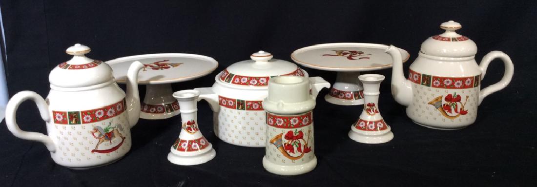 Set 8 Holiday Serving Dishes: Carlton Hall by Kobë Stamp Marked. set includes 2 pedestal cake stands, approx 10 in diameter, 2 coffee pots, with lift off tops, 8 in. H x 10 in. Handle to Spout. 2 Tapered Candlestick Holders, 1 wi