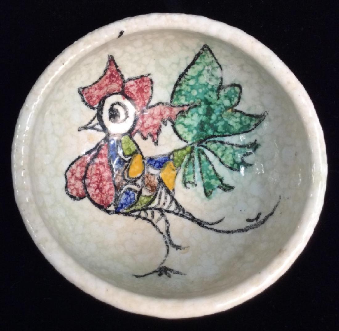 Signed Ceramic Pottery Rooster Bowl: Signed S Finguino Toledo 24. Ceramic pottery bowl, dish, with rooster design on interior, tabletop accessories, tableware, farmhouse decor, home accent. 6 in in diameter by 2 1/2 in tall. 4