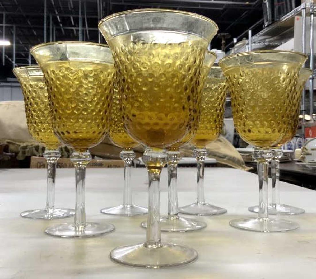 Set 6 Bubble Carmel Toned Glass Stemware: Stemware set, wine glasses, water glasses, goblets, each measures ht 8 inches diameter 4 inches, set of 6