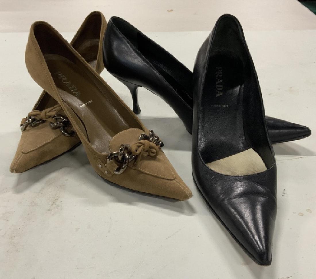 2 pairs Designer Prada Shoes, Italy: One pair black leather classic heel shoes size 36, one pair brown suede classic heel shoes with chain link detail size 35, marked for Prada, made in Italy, both have wear, luxury designer fashion, lad