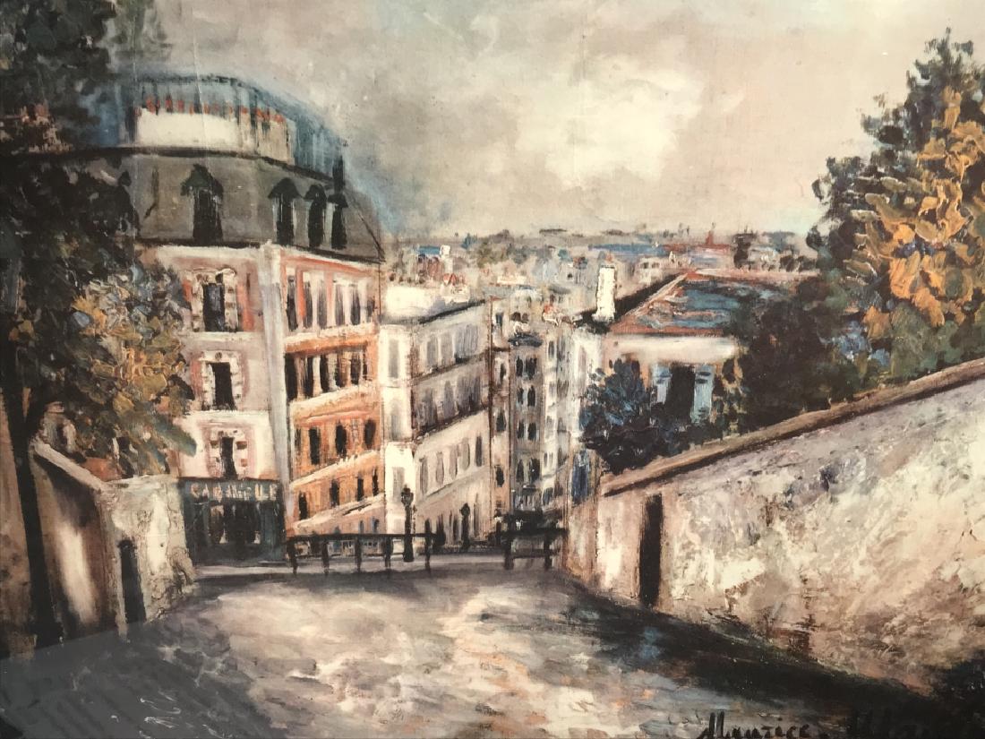 Framed Maurice Utrillo Poster Print, Paris Street: Framed Maurice Utrillo Poster Print depicting ‘Rue de Montmartre.’ Text below image reads ‘Musée du Louvre, Paris, Published by Shorewood Press, Inc.’ poster is matted and set behind glass in
