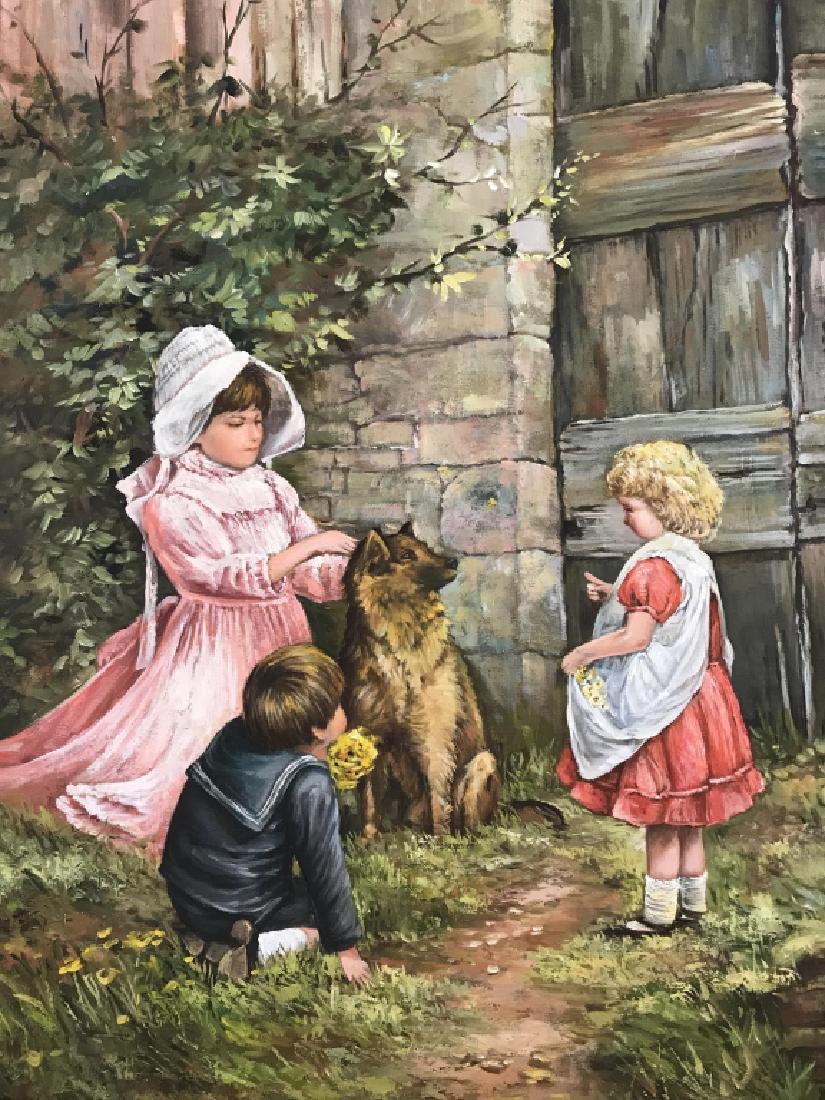 Framed Painting Of Children & Dog: Piece depicts 3 child figures and a dog. Piece is professionally framed with mahogany toned wooden frame. Oil on canvas, wall art, framed art, framed painting. home accent, home decor, Measures approx