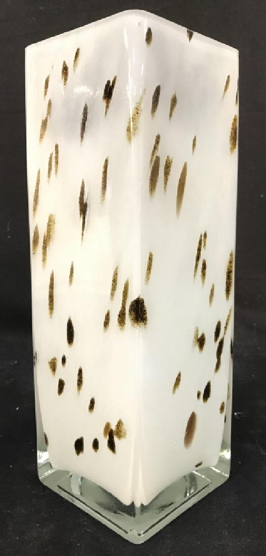 White & Gold Toned Art Glass Vase: Vase is white with gold toned detail. Measures approx 12 inches tall 4 inches square. Art Glass Vase, Glass Vase, Centerpiece. 6