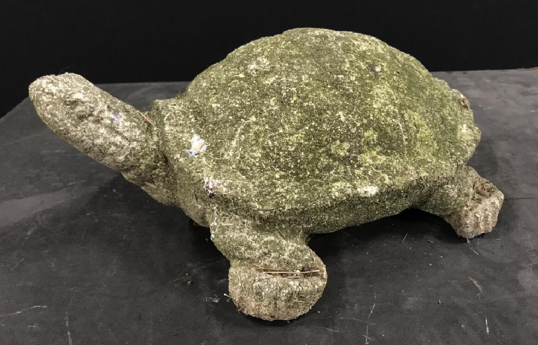 Vintage Stone Cement Garden Turtle: Vintage Stone Cement Garden Turtle With moss patina, some chips to front right foot, measures approx 11 inches long x 7.5 inches wide x 4.5 inches tall. Garden Animals, Vintage Garden Accessories, Vin