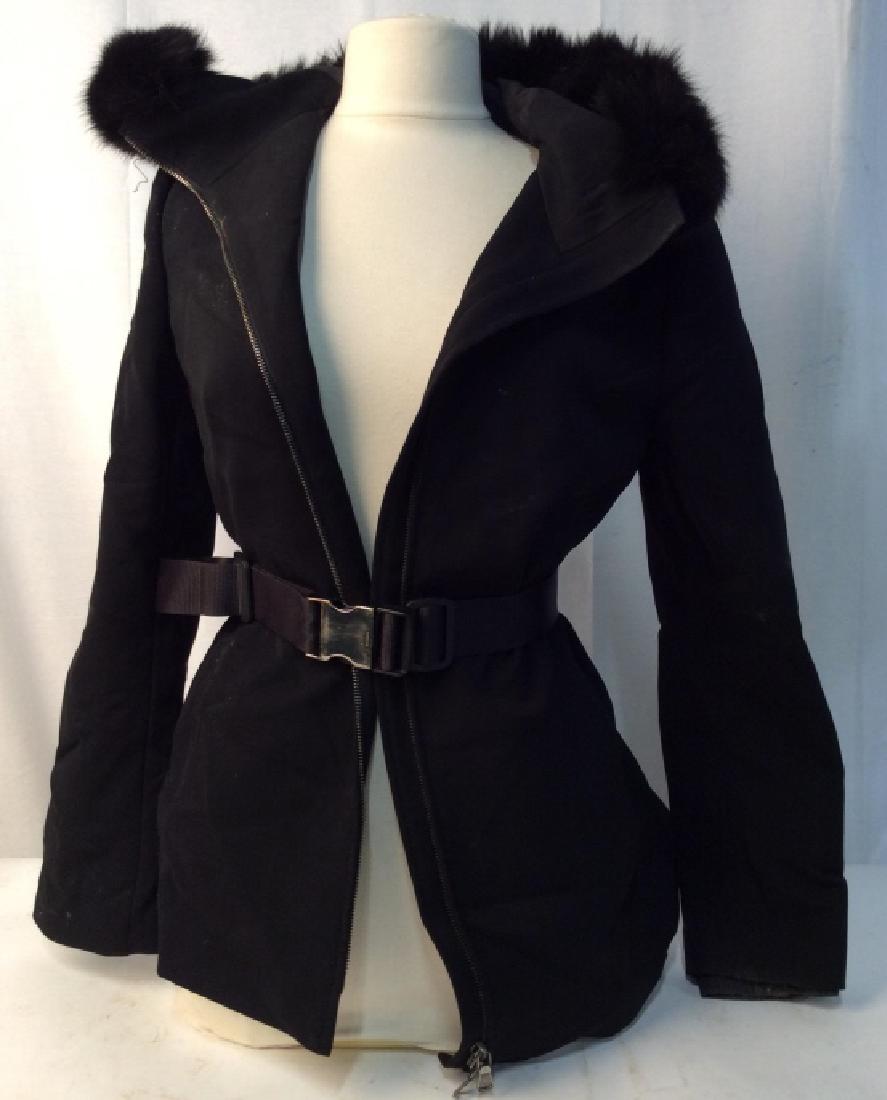 PRADA Women’s Jacket: Vintage Prada luxury winter jacket with fur trim on the hood, and wrap around waistband buckle. Used condition. Care Instructions on interior tag. Made in Ukraine. Luxury jacket, Prada jacket, Prada C