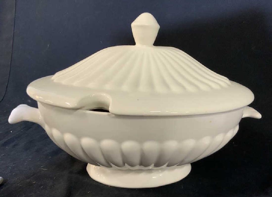 Lidded Porcelain Tureen w Platter Ladle, USA: White shaped porcelain ceramic Tureen with Lid, Ladle and underplayed, imprinted underside for California, USA, tableware, kitchenware, soup tureen, platter, bowl, measures app hit 10 inches, length a