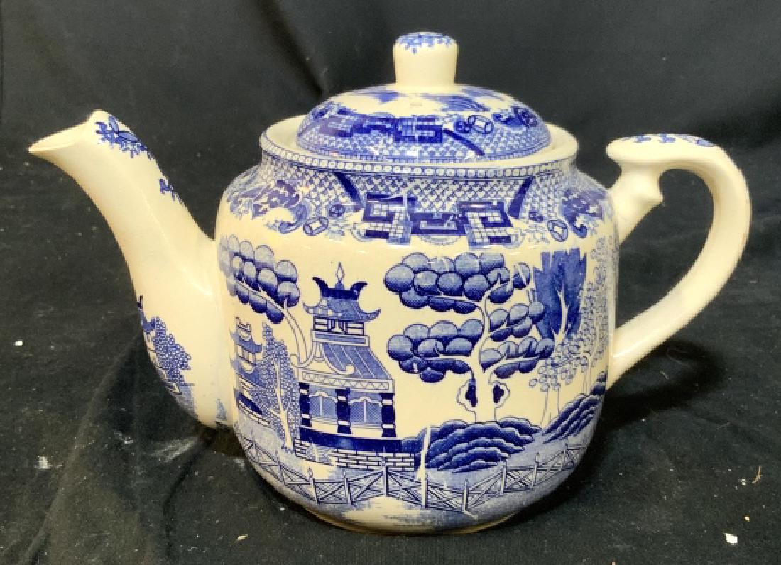 vintage Asian Porcelain Blue White Teapot: Canton ware, vivid blue on cream tone background, garden scenes, measures app hit 7 inches handle to spout app 9 inches, collectible blue white porcelain, Asian decorative arts, Asian tableware, blue 