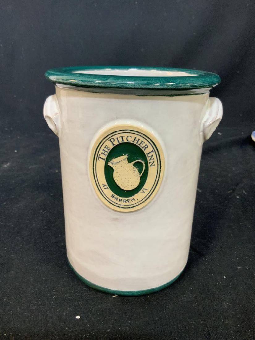 Vermont Pottery Vessel Vase: With emblem on front reads The Pitcher Inn at Warren VT, pottery, ceramics, tableware ht 7 inches diameter app 5.5 inches