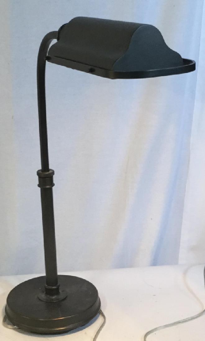 Grey Metal Bent Arm Desk Lamp: 9 Ft cord. 120 V. Light. 25 in H . 18 in. W. Light bulb included. Light turns. Desk Lamb, Bent Arm Lamp, Large Reading Light, Tabletop Lighting, 3