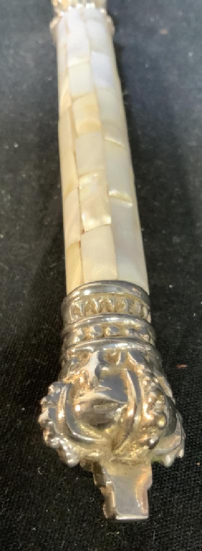 Mother of Pear and Silver Cake Server: Silver toned possibly silver and faceted mother of pearl mosaic handle, length app 13 inches, serve ware, cake server, tableware