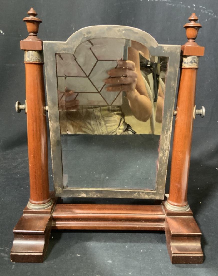 Antique Table top Shaving Mirror, Mahogany: Sterling silver frame to mirror, and sterling silver detailing, Carved wood base and frame flip swivel mirror with sterling silver hardware, antique dresser top mirror, gentleman’s antique shaving m