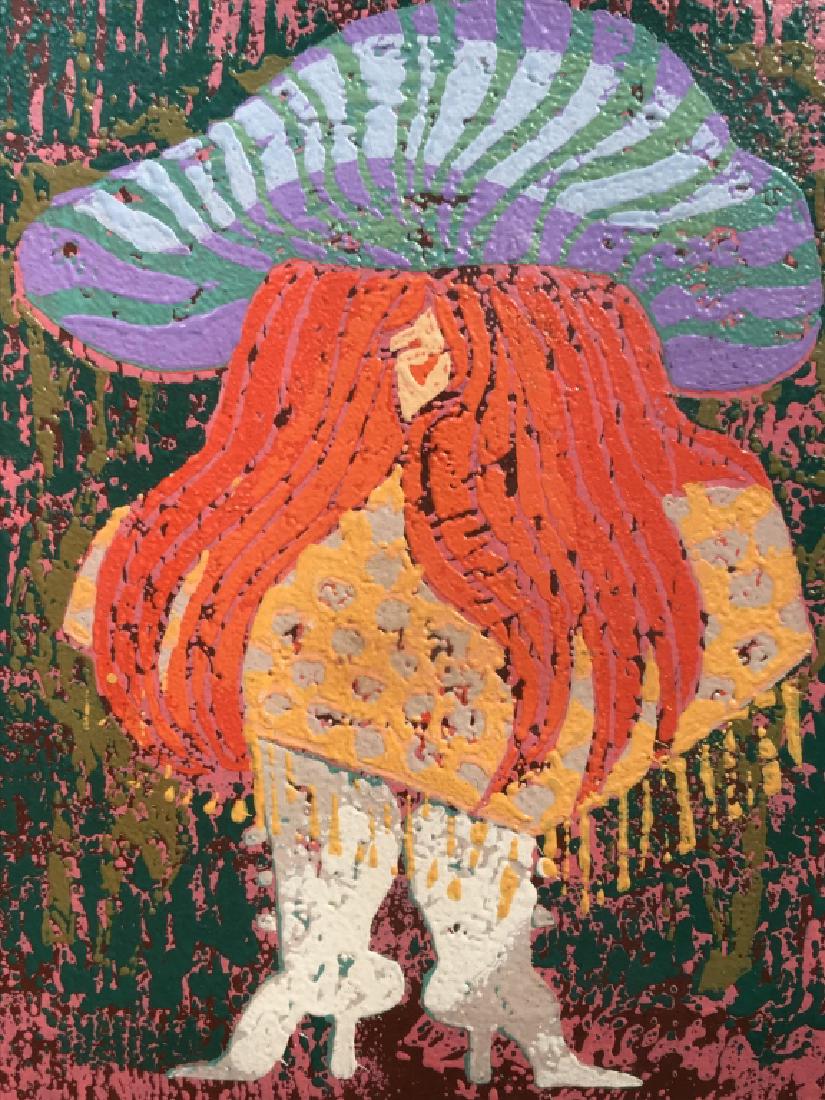 Signed & Numbered Textured Pulled Print: Pulled Print is made up of layers of thick colors. Print depicts figure of woman in exaggerated hat and boots. Signed TEOBI in pencil in lower right corner, titled ‘Herself’ center bottom, and num