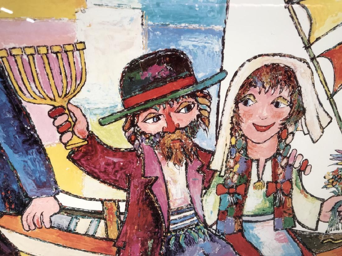 Signed & Numbered Jovan OBICAN Judaica Print: Print depicts figures on a sailboat, holding the Israeli flag and a Menorah, the boat called Love. Signed OBICAN in pencil in lower right corner, numbered 150 / 1000 in lower left corner. Print is dou