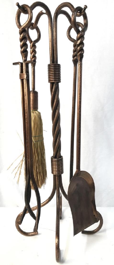 Lot 5 Fireplace Tools & Stand: Lot includes stand, broom, poker, shovel, and firewood grabber. fireplace accessories, Stand Measures approx 30 inches tall 10 inches wide and deep. Pieces have copper tone. Only contains minor wear. 