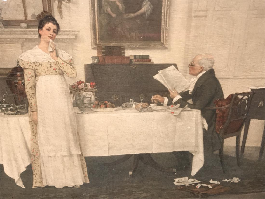 Hand-Colored E.D. MILLER Lithograph: Hand-colored E.D. Miller lithograph depicting woman and man in dining room. Signature in print in Lower right corner. Lithograph is matted and set behind glass in wood frame. Measures approx 22.5 inch