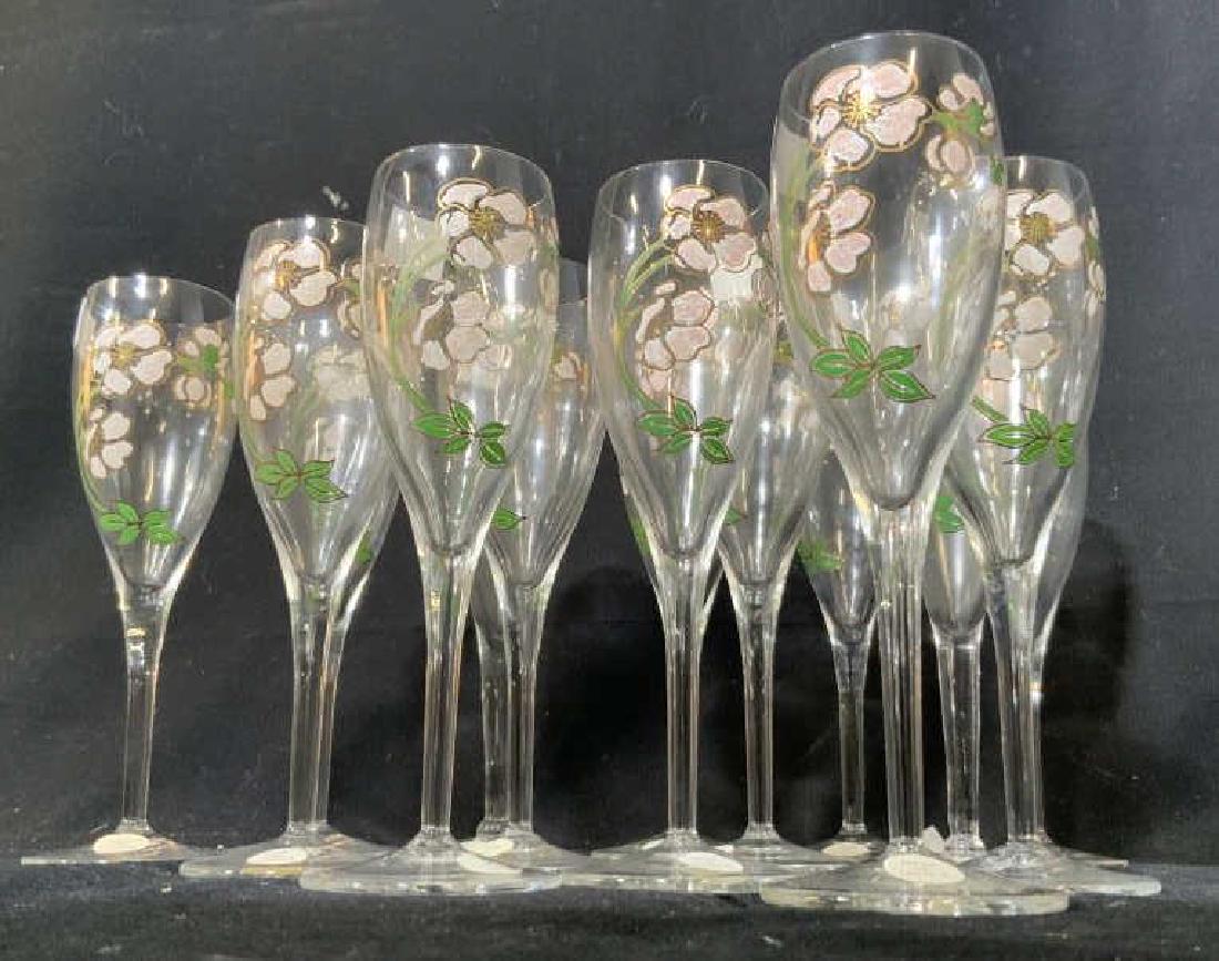 Set 14 French Crystal Painted Champagne Flutes: 14 crystal stemware champagne glasses each with hand painted floral design, labels read made in France, French crystal stemware, barware, table deco, champagne glasses, each measures hit 8 inches, Per