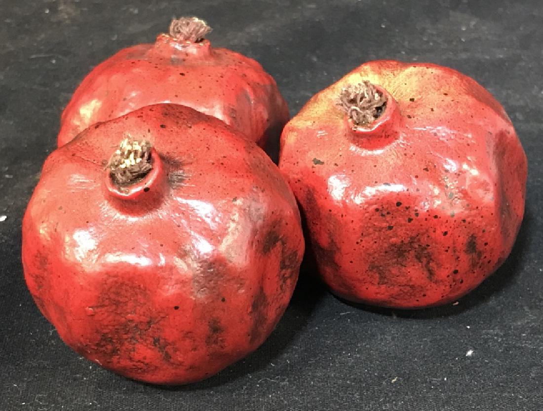 Set 3 Ornamental Basket Pomegranates: 2 in. H x 9 in. Circumference. Each slightly different size. Possibly wood. Has weight to them. Realistic carving and paint. Fruit, Kitchen Novelty, Tabletop, Food Decor, Carved Fruit, Pomegranates Fr