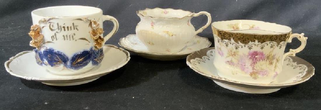 Set 3 Porcelain Mustache Cup Saucer Sets: Two marked for made in Germany, porcelain tableware, decorative collectible mustache cups, one also marked for Welmar tallest measures app 4 inches, collectible cups saucers, mustache cups and saucers