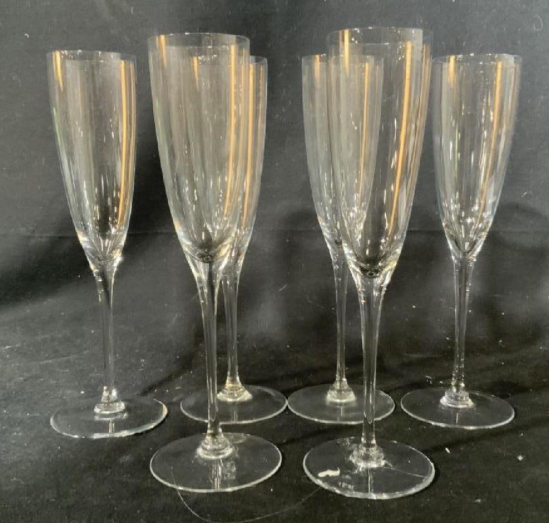 Set 6 crystal Champagne flutes: Glasses, stemware, tableware, each measures ht app 9.5 inches