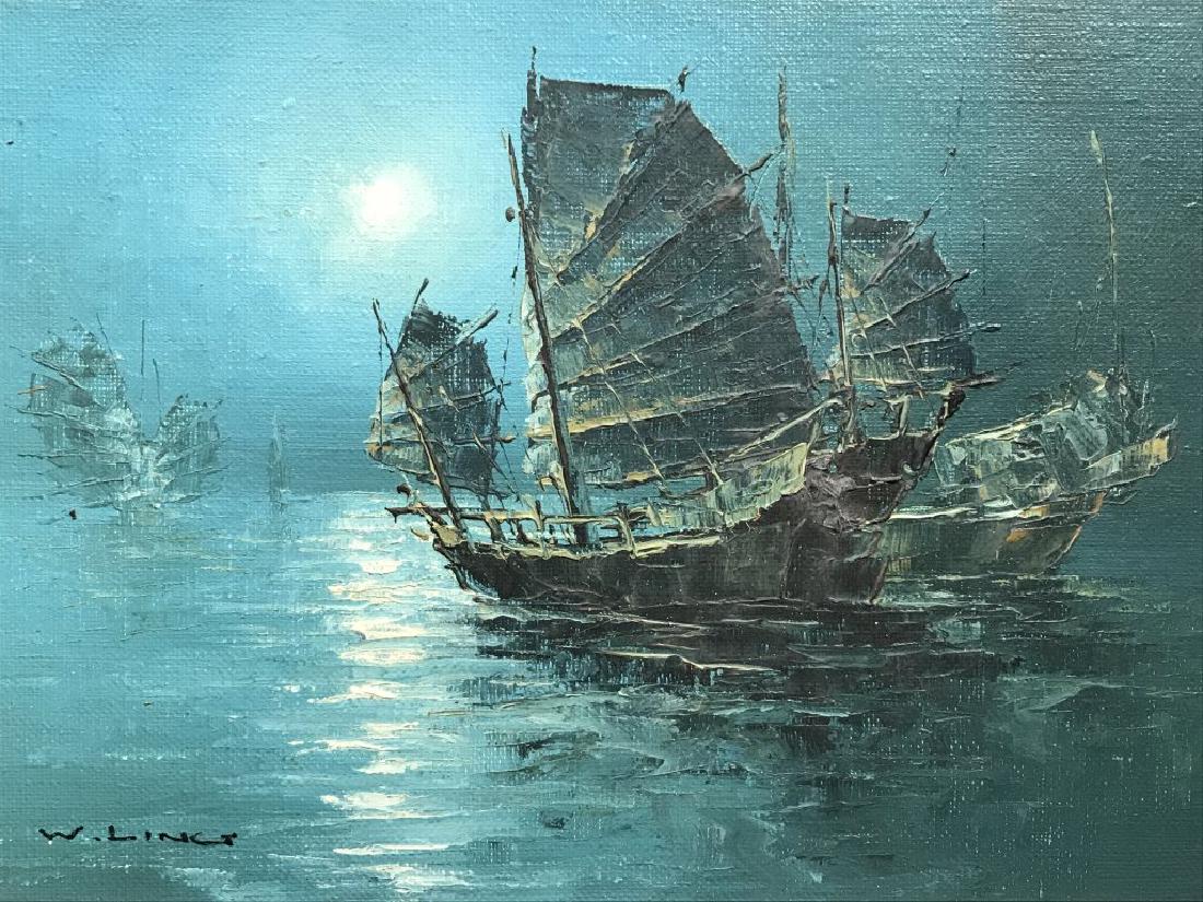 Signed W. LING Oil On Board, Ships at Sea: Signed W. Ling in lower left corner. Oil painting depicts blue tone scene of ships at sea. Board is set in gold tone wood frame. Measures approx 12.25 inches in height by 14.5 inches in width with fra