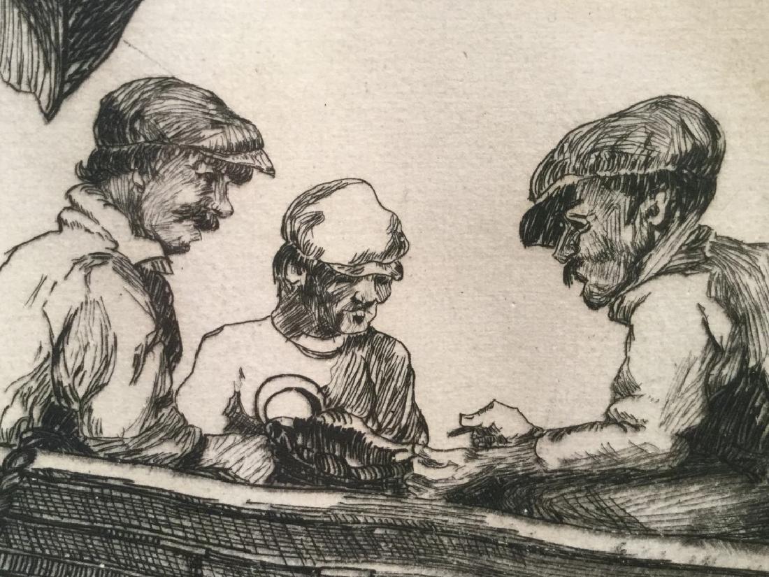 Signed J.M. Buckley Engraving, c. 1929: Signed John M. BUCKLEY engraving titled ‘The Bow,’ Depicting men on a ship. Signed in pencil in lower right corner. Plate marks visible. Artwork is matted and set behind glass in coated wood frame