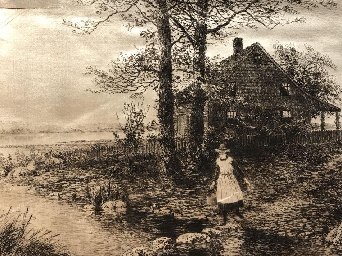 Signed Benjamin Lander Engraving On Silk: Engraving On silk depicts girl along river by cottage. Benj. LANDER signature in print, along with very faint signature, possibly in pencil, along bottom right corner. Engraving is on gold tone silk f