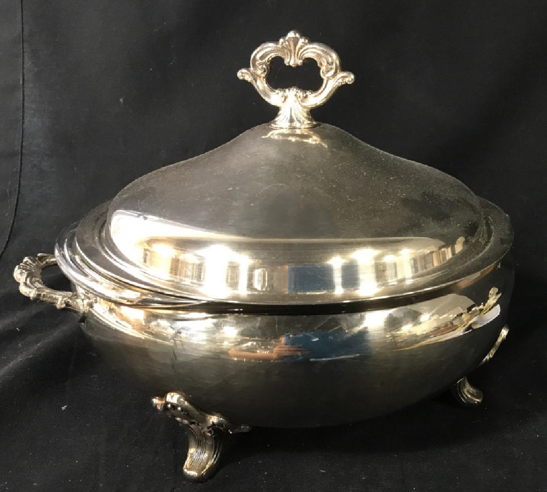 Sheffield Silver Co Footed Soup Tureen: Regency Style. 9.5 in H, 14 in. Handle to Handle. PYREX bowl inside. Silver Plated. Mild surface wear. Fine Dining, Silver Plated Tureen, Food Warmer, Soup Tureen, Sheffield Co. Silver Plated Tureen,