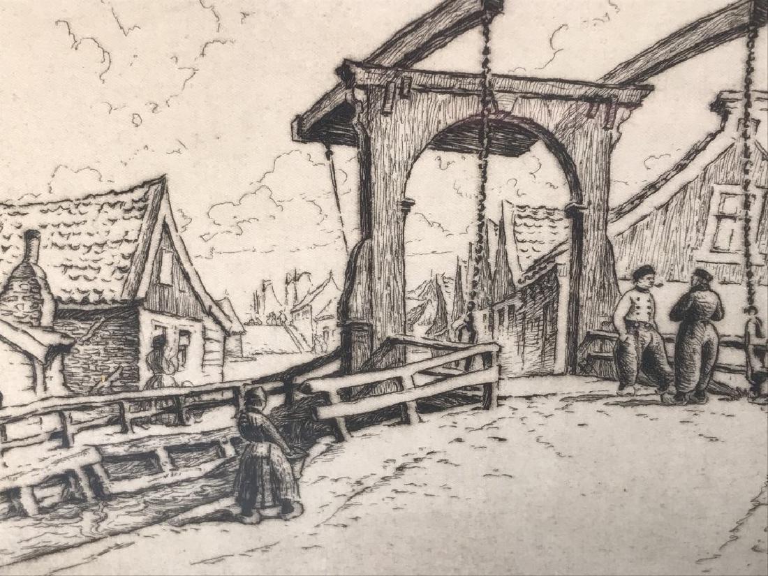 Signed Frederick ROBBINS Etching of Bridge: Etching by American artist Frederick Robbins (1893-1974) titled ‘The Blue Bridge, Volendam’ in lower left corner, signed in pencil in lower right corner. Etching is matted and set behind glass in 
