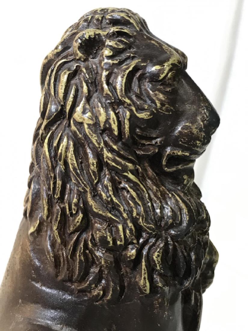 Lion Figural Decor Piece: Appears to be composite material. 8 3/4 x 4 in. Stamp Marked underneath, Made in Philippines, stock No. 83075. Painted. Lion holding shield with crest. Minor surface marks to finish. Lion Figural, Doo