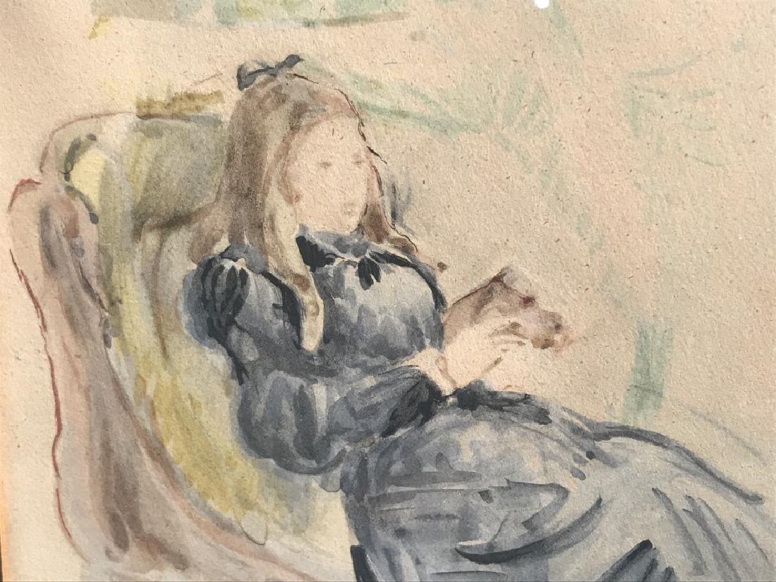 Pair Framed Berthe MORISOT Facsimile Prints: Prints depict figures in watercolor style. Prints are double matted and set behind glass in wood frames. Versos have labels for Facsimile prints. Each Measures approx 16.6 inches in height by 15.6 inc