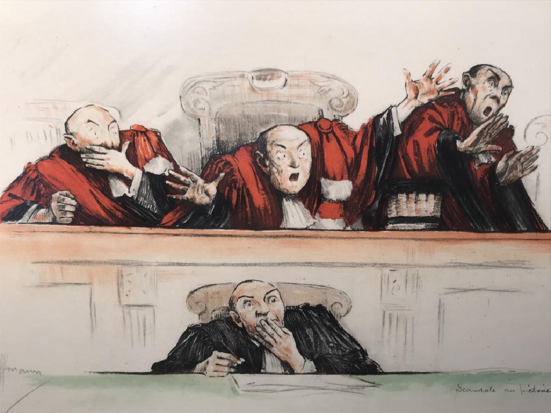 Lot 3 Framed Gaston HOFFMAN Colored Engravings: Lot 3 Framed Gaston Hoffman colored engravings depicting various scenes in the courtroom. Plate marks visible. Each print appears to be pencil signed, although prints have not been inspected outside o